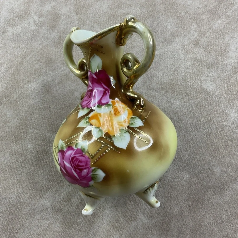 Antique Nippon Hand‎ Painted Bone China Beaded Gold Trim Two Handle Vase